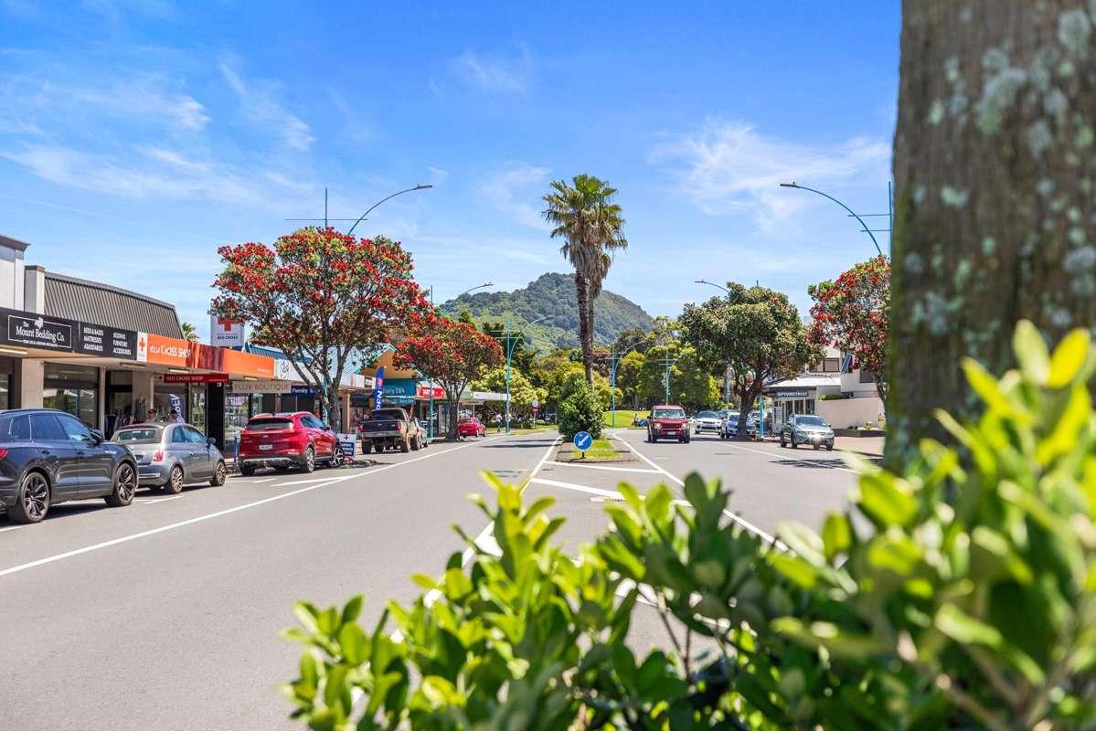 Mount Maunganui main street with pohutukawa in flower and the Mount rising behind the shops