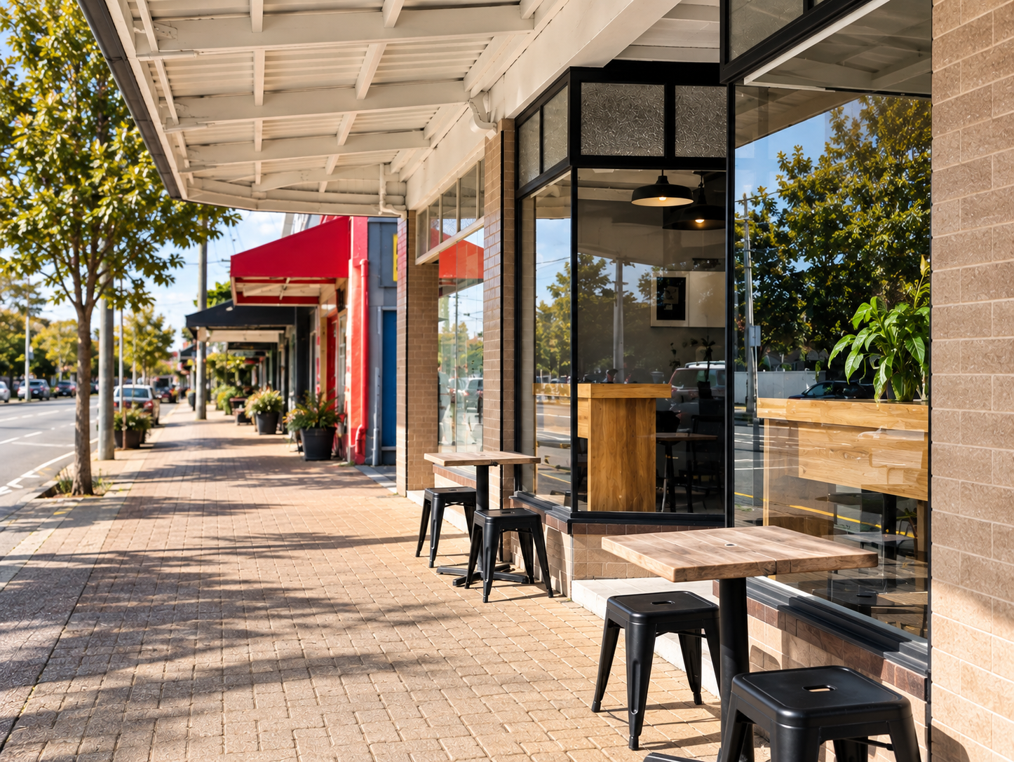 A quiet retail street: a run of shopfronts under a verandah with an empty footpath
